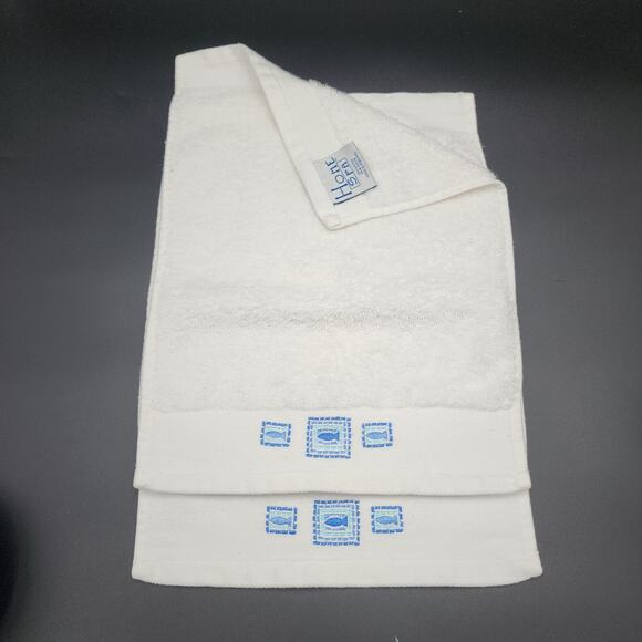 Home Spa Cotton White Hand Towels w/ Blue Embroidered Fish Set of  2 Beach Decor - Picture 1 of 10